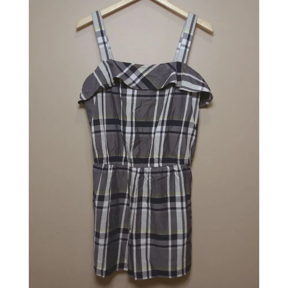 Banana Republic Plaid Cold Shoulder Romper Large Gray Ruffle Preppy Cottagecore
